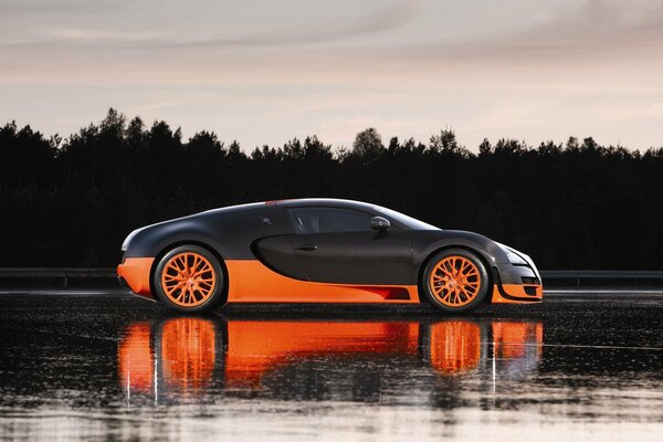 Hermoso bugatti negro y naranja, veyron, super en la carretera