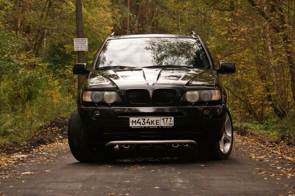 Schwarzer BMW auf einem Waldweg vor dem Hintergrund der herbstlichen Bäume