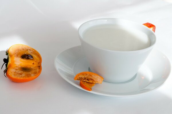 Fruit. Persimmon. Milk for breakfast