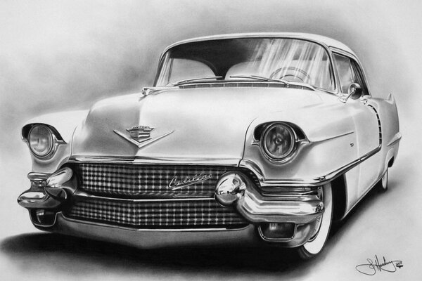 Ein Schwarz-Weiß-Bild eines alten Cadillac