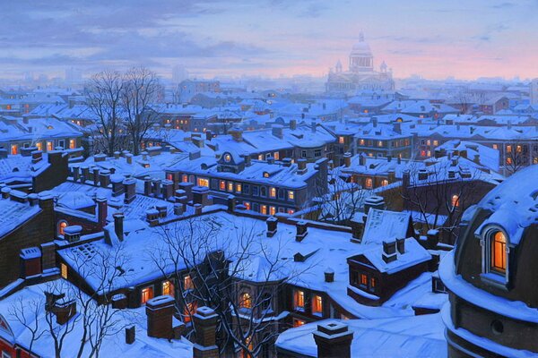 Paisaje de invierno con casas con luz en las ventanas