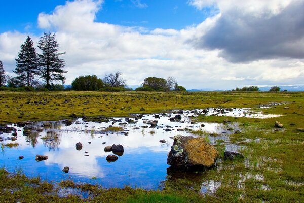 A puddle in the middle of a field and mountains in the distance