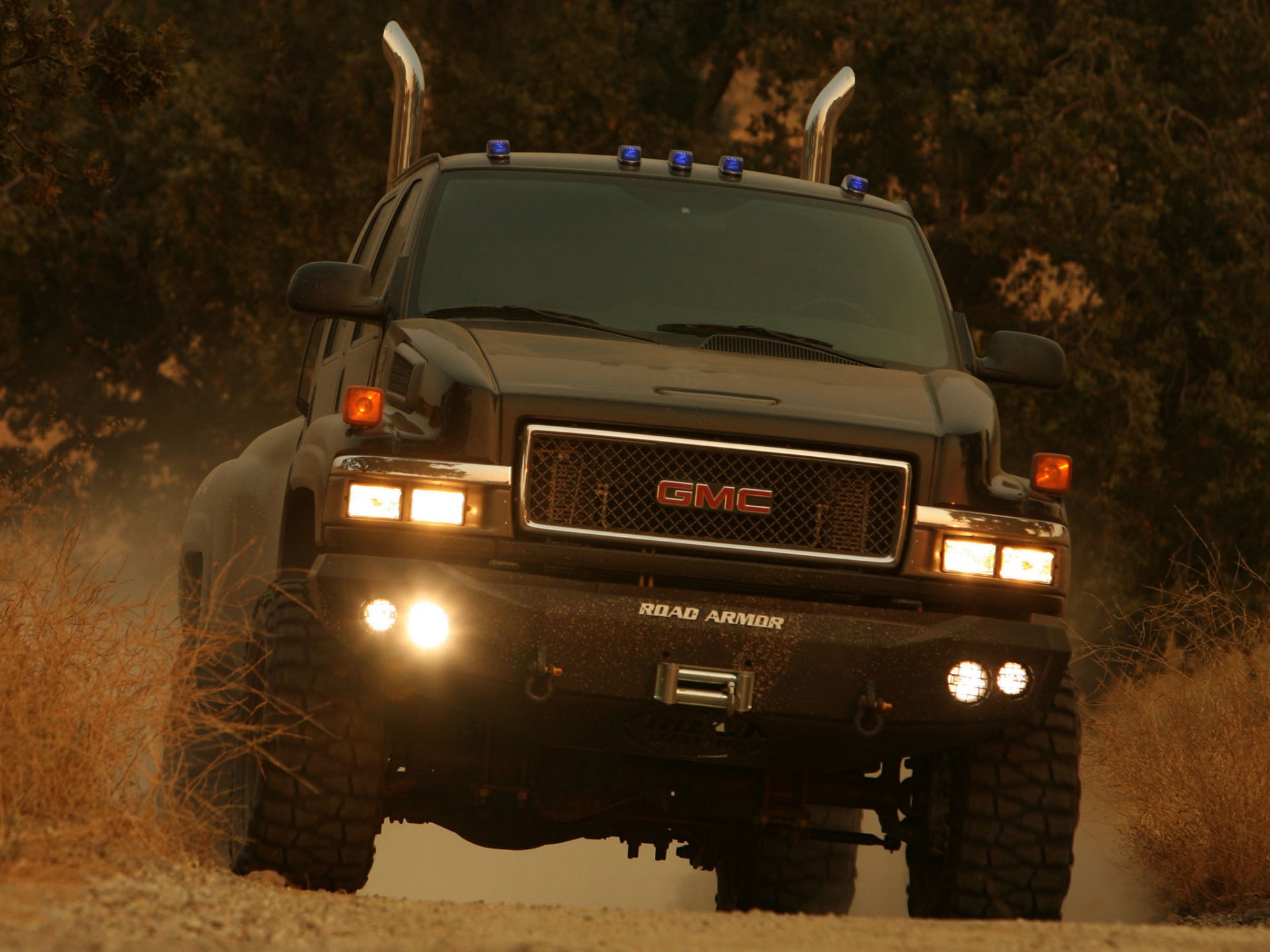 gmc c4500 topkick ironhide ironhide transformer transformers pickup truck huge armor road road bushes dust