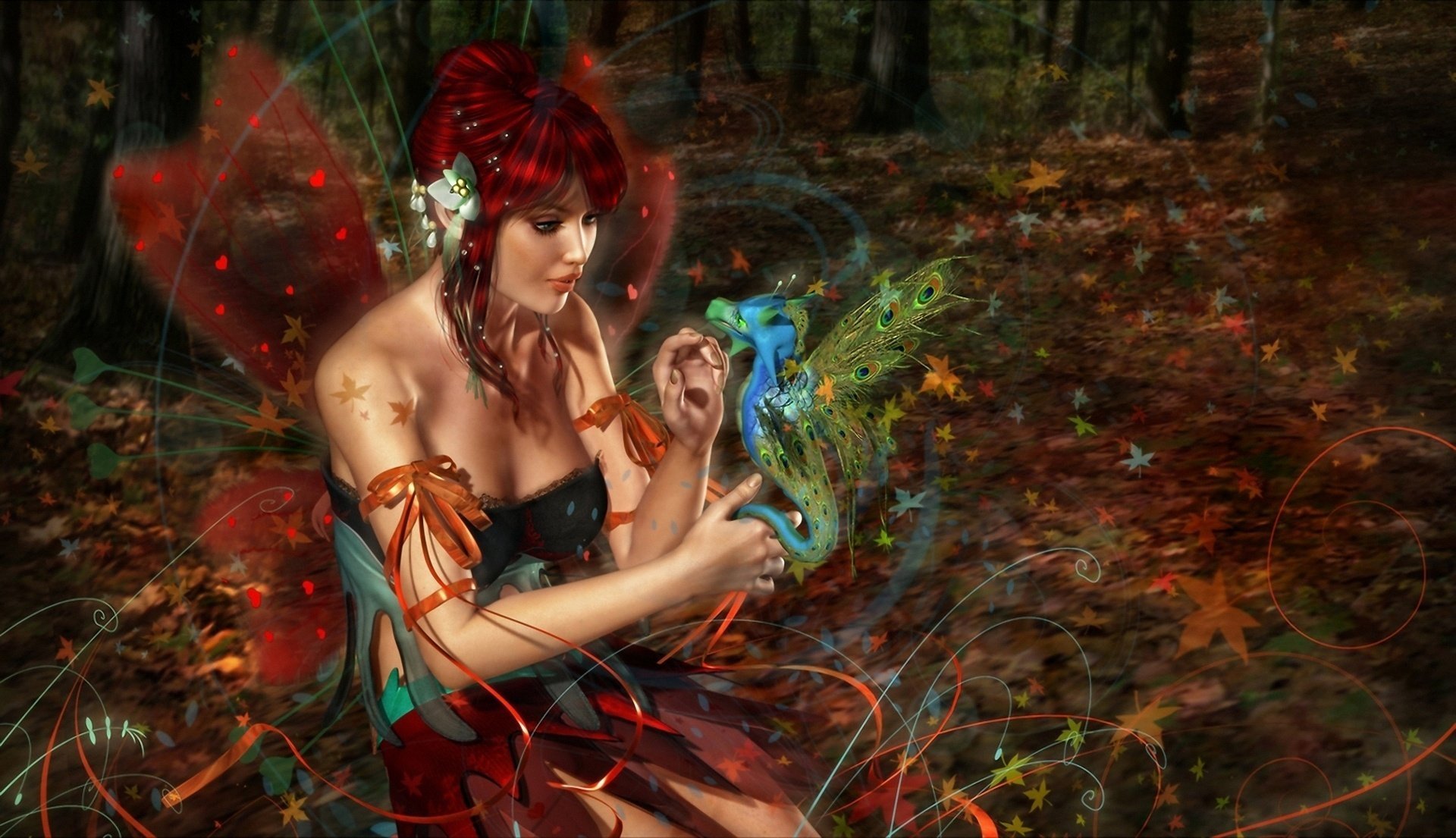 red dragon wings forest 3d art girl fairy