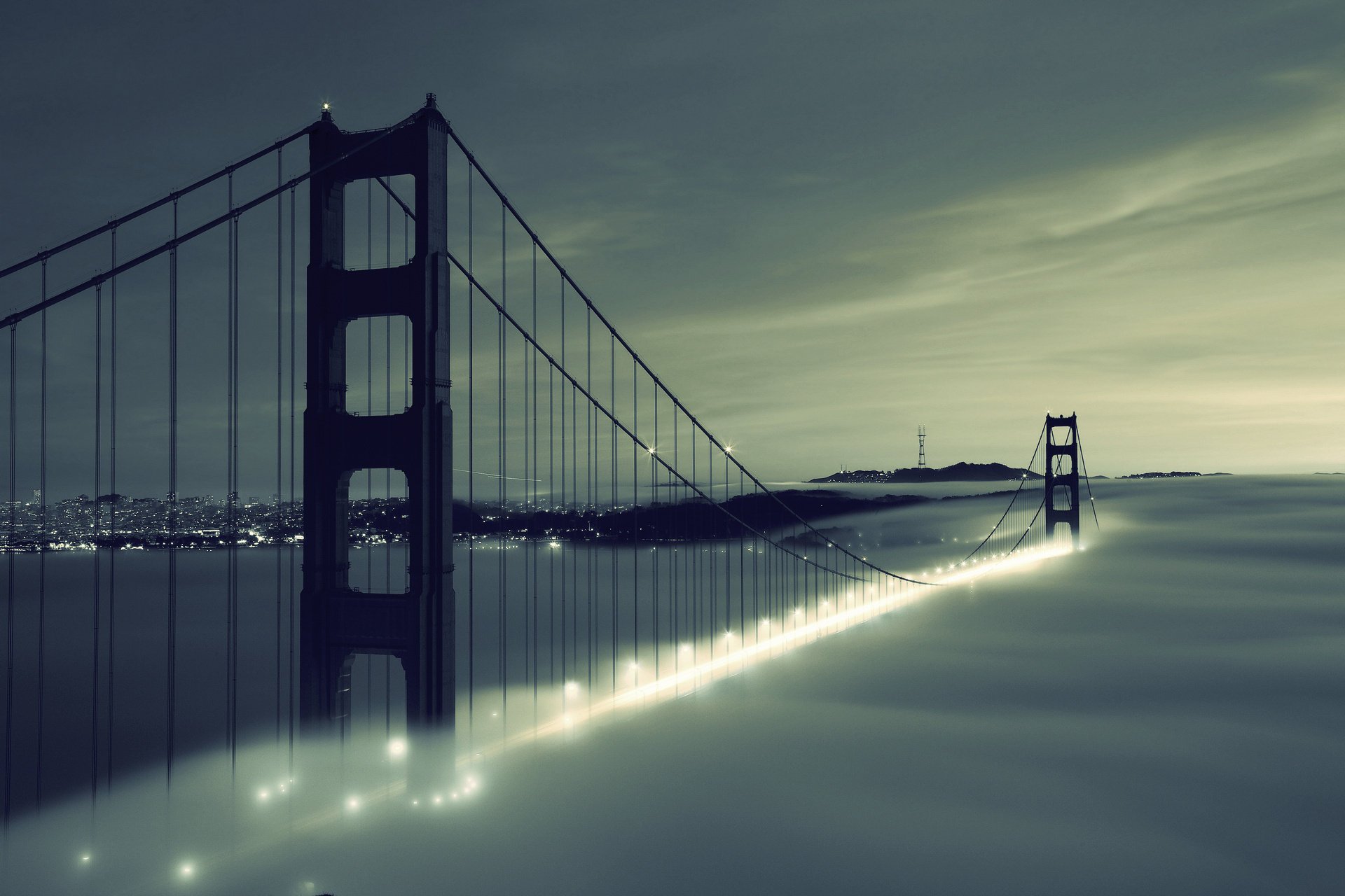 an francisco city fog clouds lights river city bridge sky