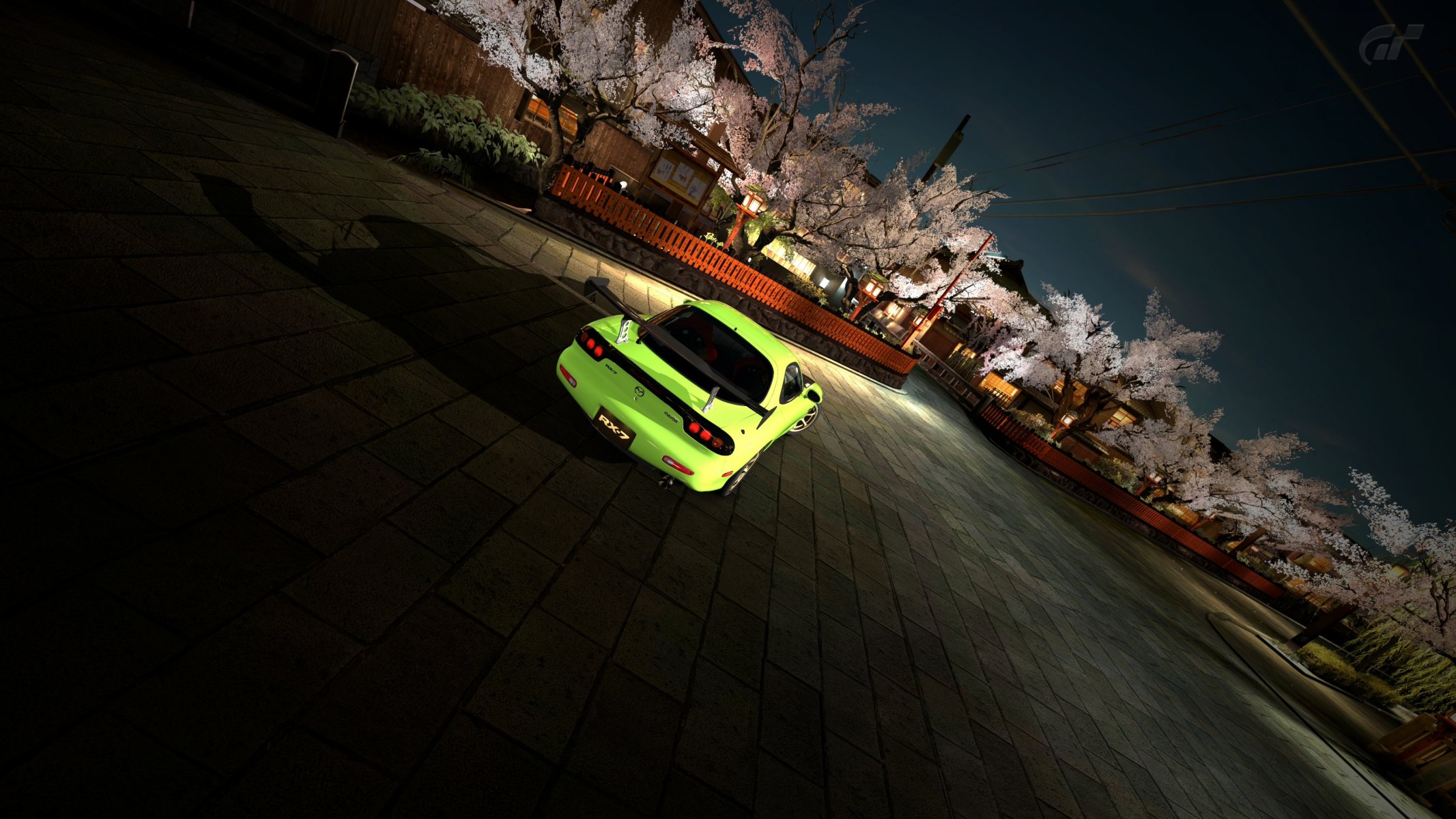 rx-7 jasnozielony plac japonia domy drzewa sakura