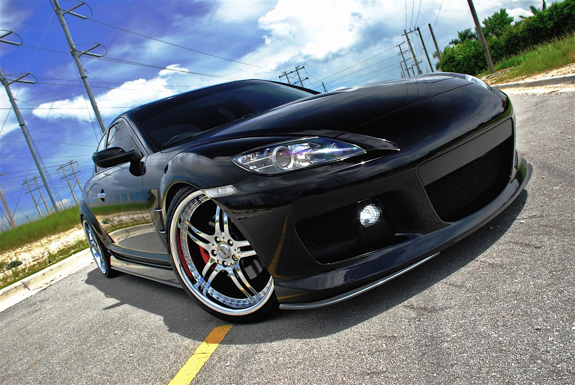 mazda rx-8 mazda wheels front headlight sky road power line