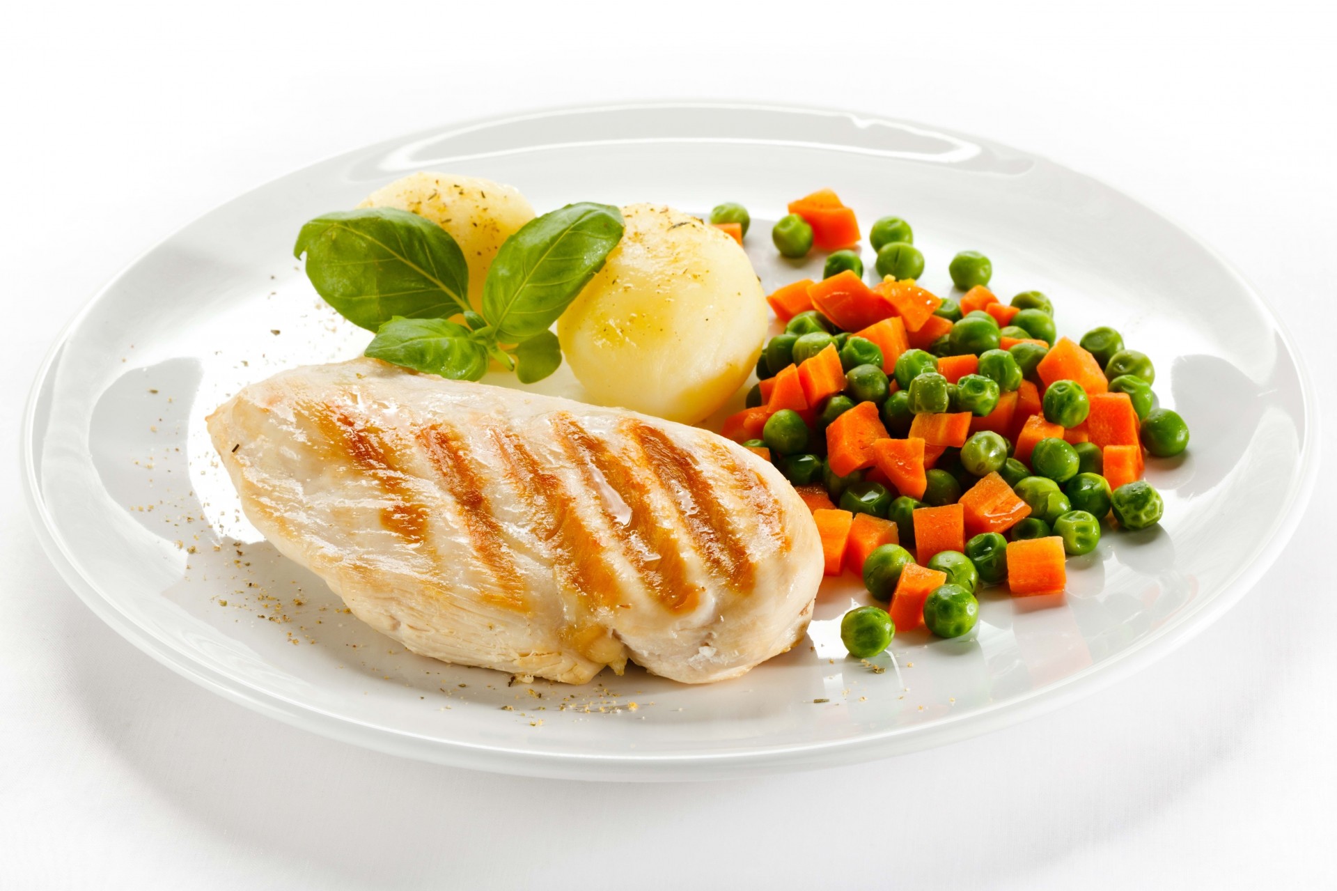 potatoes white background plate chicken meat