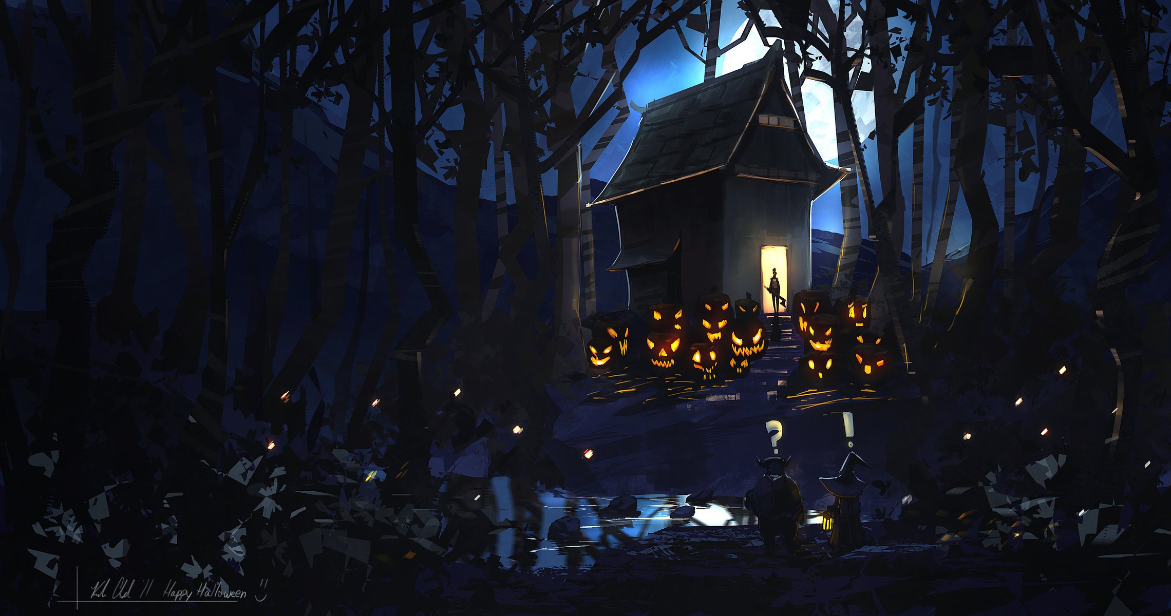 by k04sk casa mal calabazas bosque luna arte feliz halloween noche