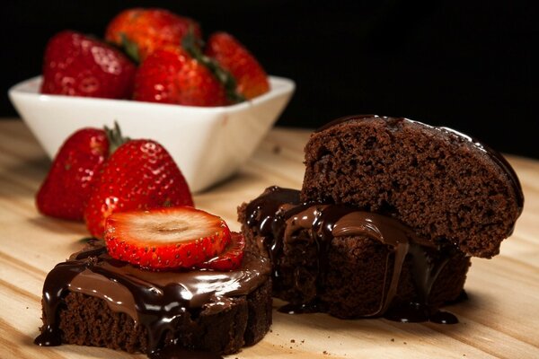 Delicious dessert. Chocolate cake with strawberries