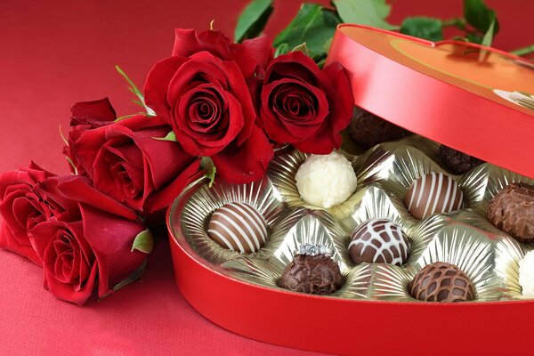 Chocolats et roses pour un cadeau