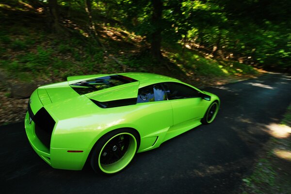 Un Lamborghini brillante, verde y rápido corre por el bosque 