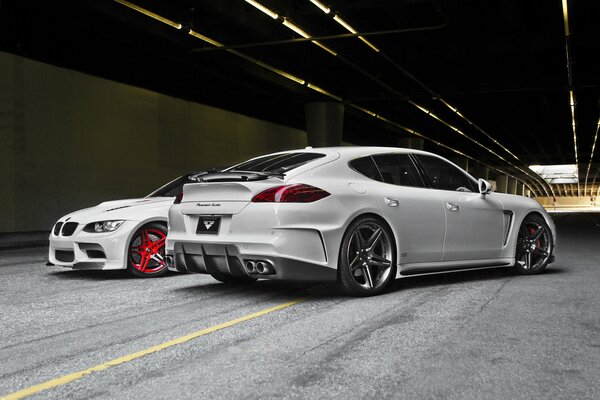 White tuned Porsche Panamera in the tunnel