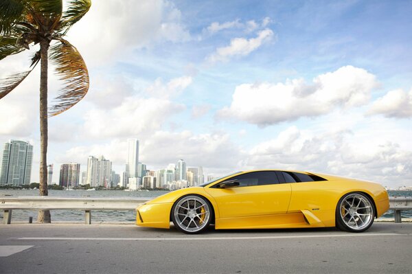 Lamborghini jaune sur fond de ciel bleu et Mayi