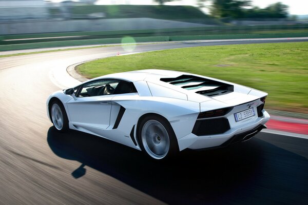 Lamborghini superdeportivo de carreras en una pista de montaña cerca del césped