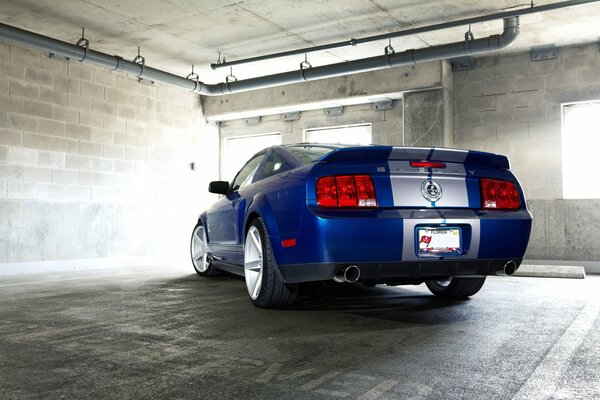 Auto Mustang bleu sur fond de mur de briques