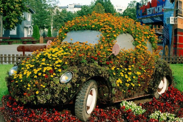 Flower bed in the shape of a car