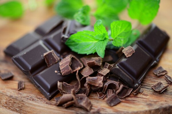 Dark chocolate with a sprig of mint