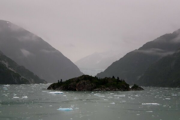 Bloques de hielo y una pequeña isla