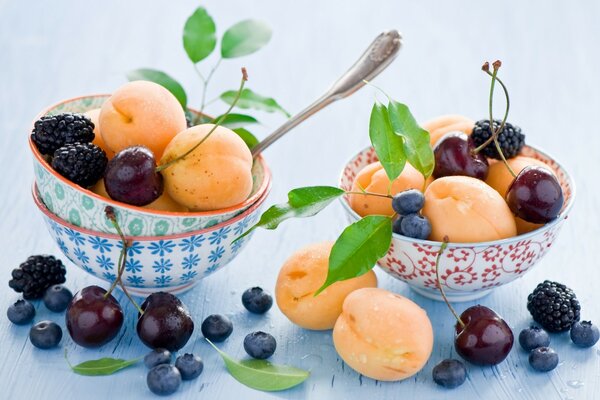 Abricots, cerises, mûres et bleuets dans des assiettes