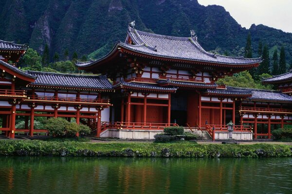 Elegant pagoda on the shore of the pond