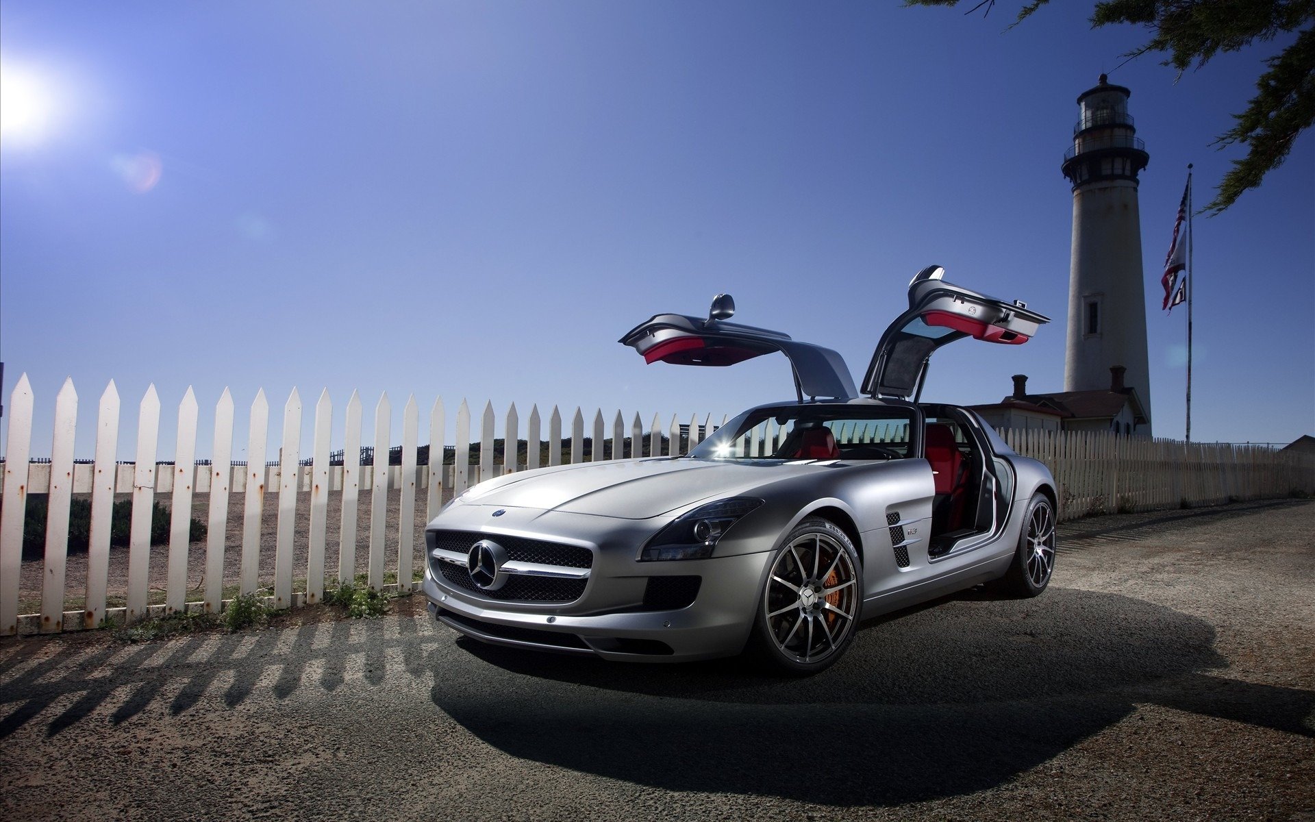 mercedes sls amg słońce droga samochody mercedesy