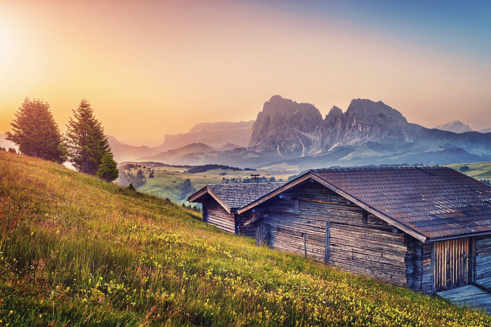 sommer wiesen berge alpen häuser