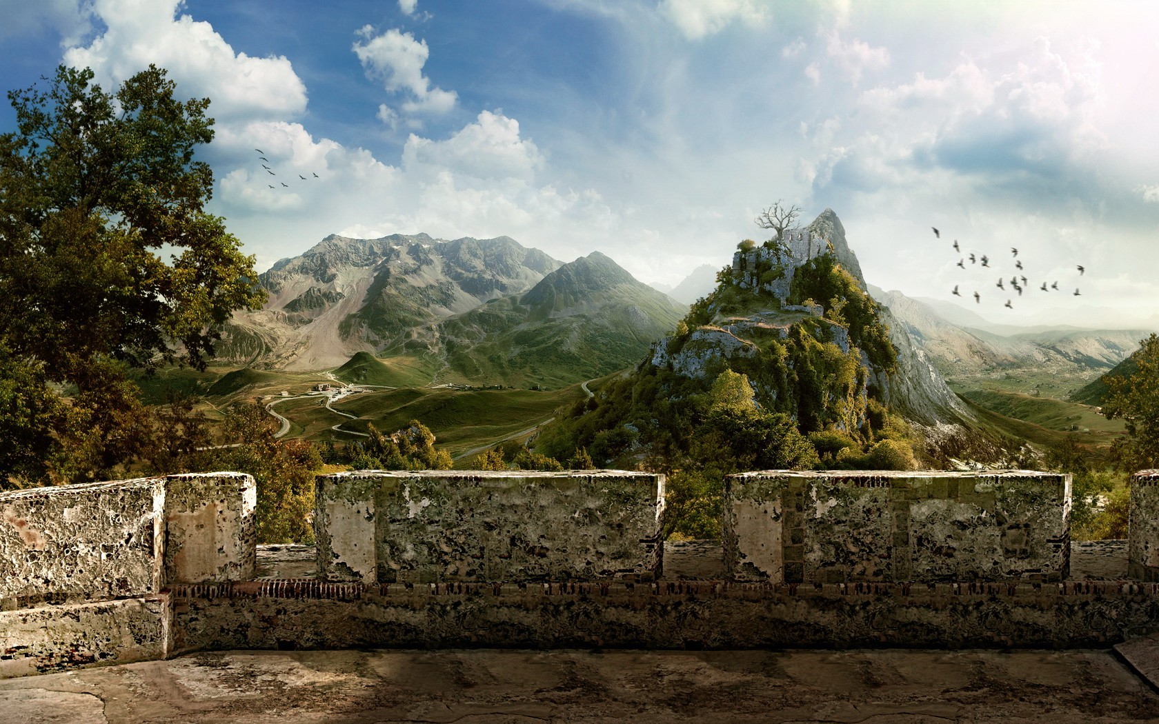 balcon oiseaux montagnes ruines mur village ciel