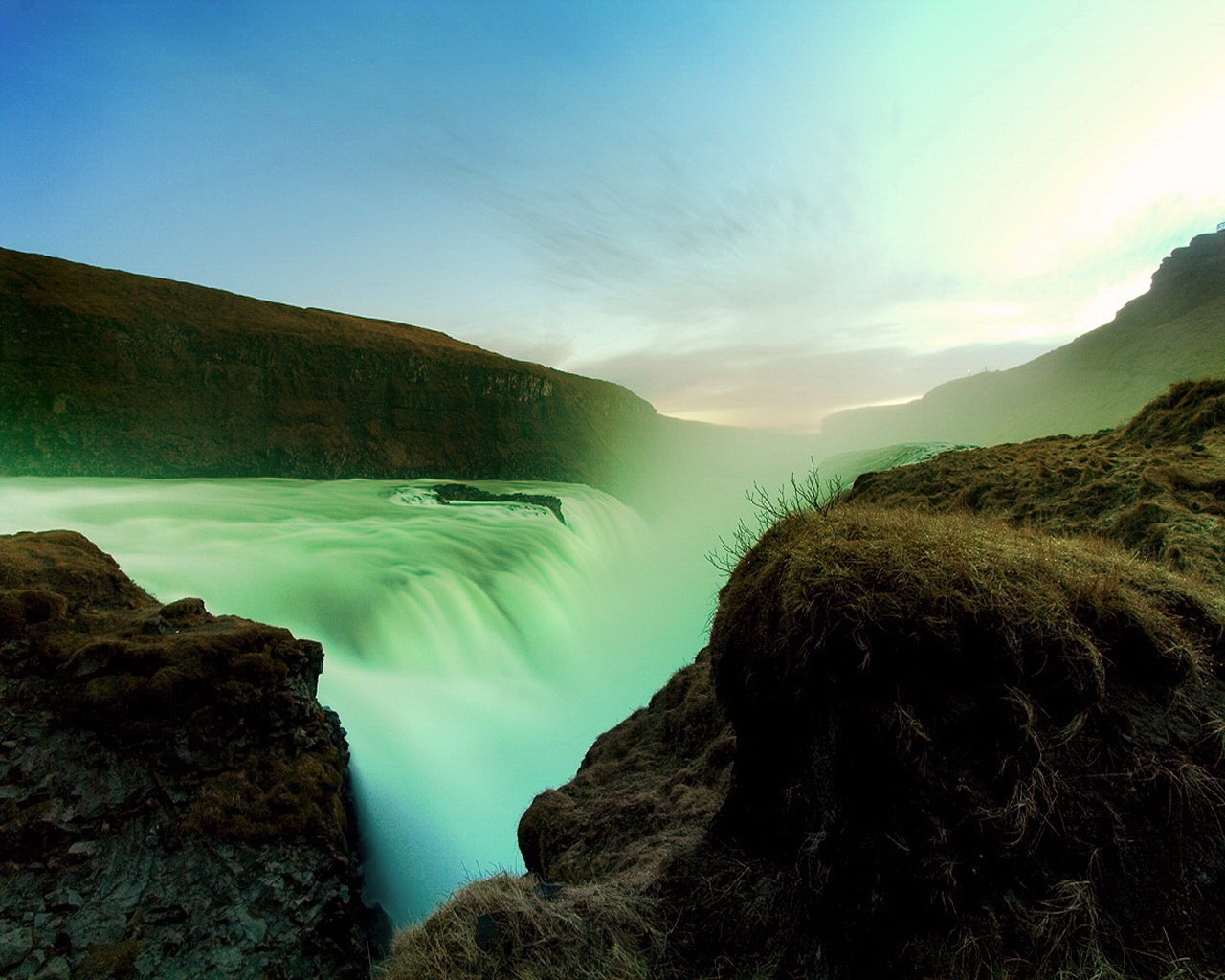 waterfall light mountain nature