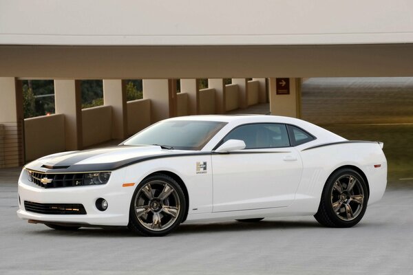 Blanc Avechevrolet Camaro sur le parking hors sol