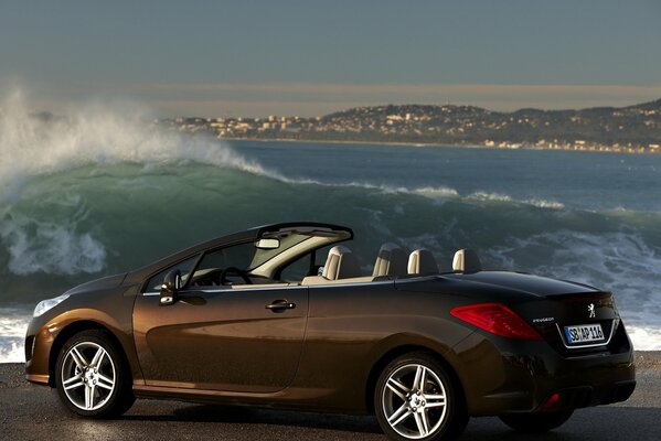 Une Peugeot décapotable brune se dirige vers les vagues de la mer