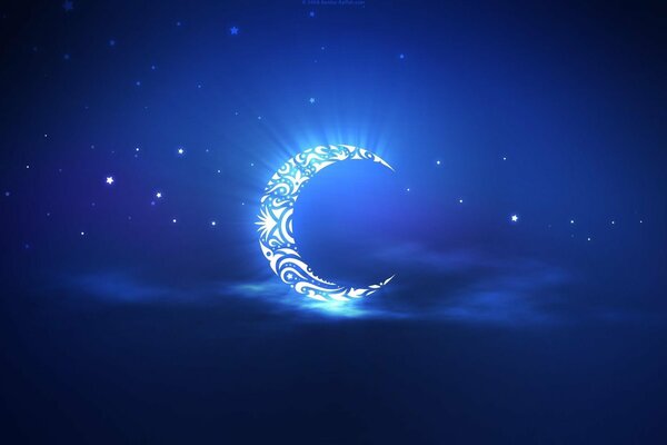 A luminous patterned moon on a blue-blue background of the starry sky