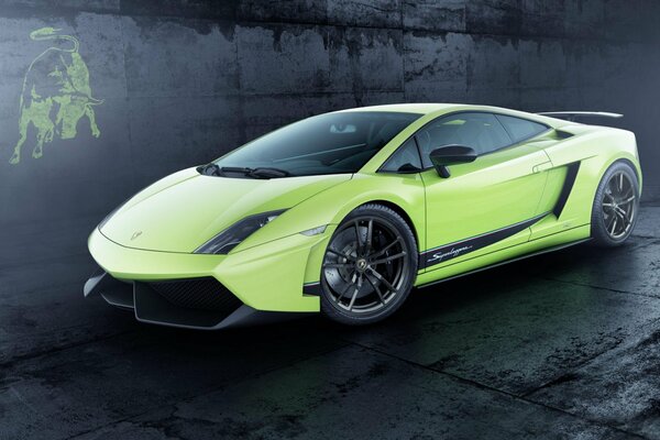 Light green gallardo near the wall with the emblem