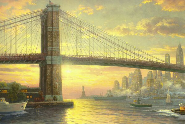 Ein Bild von Thomas Kinkade, das die New Yorker Brücke mit der Flagge Amerikas zeigt