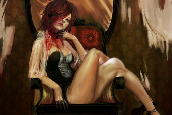 A painted girl on a chair in erotic lingerie