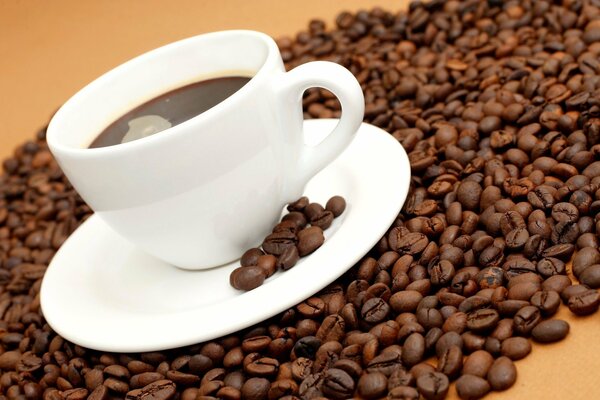 A cup of coffee and coffee beans