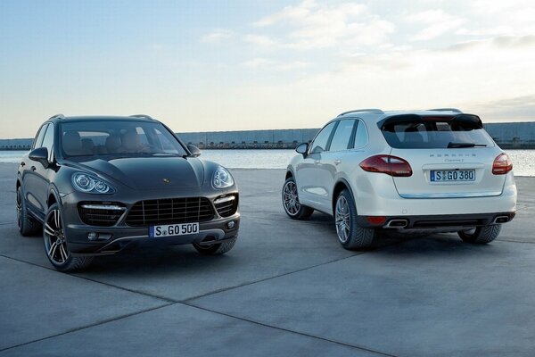 Hybrid-Porsche Cayenne in Schwarz und Weiß