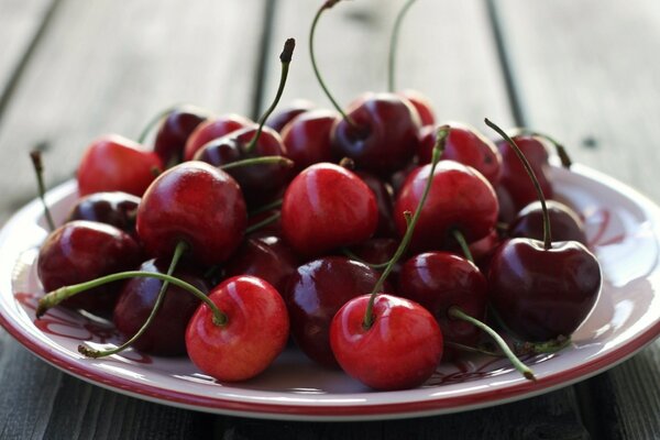 A plate with ripe cherries on a wooden table