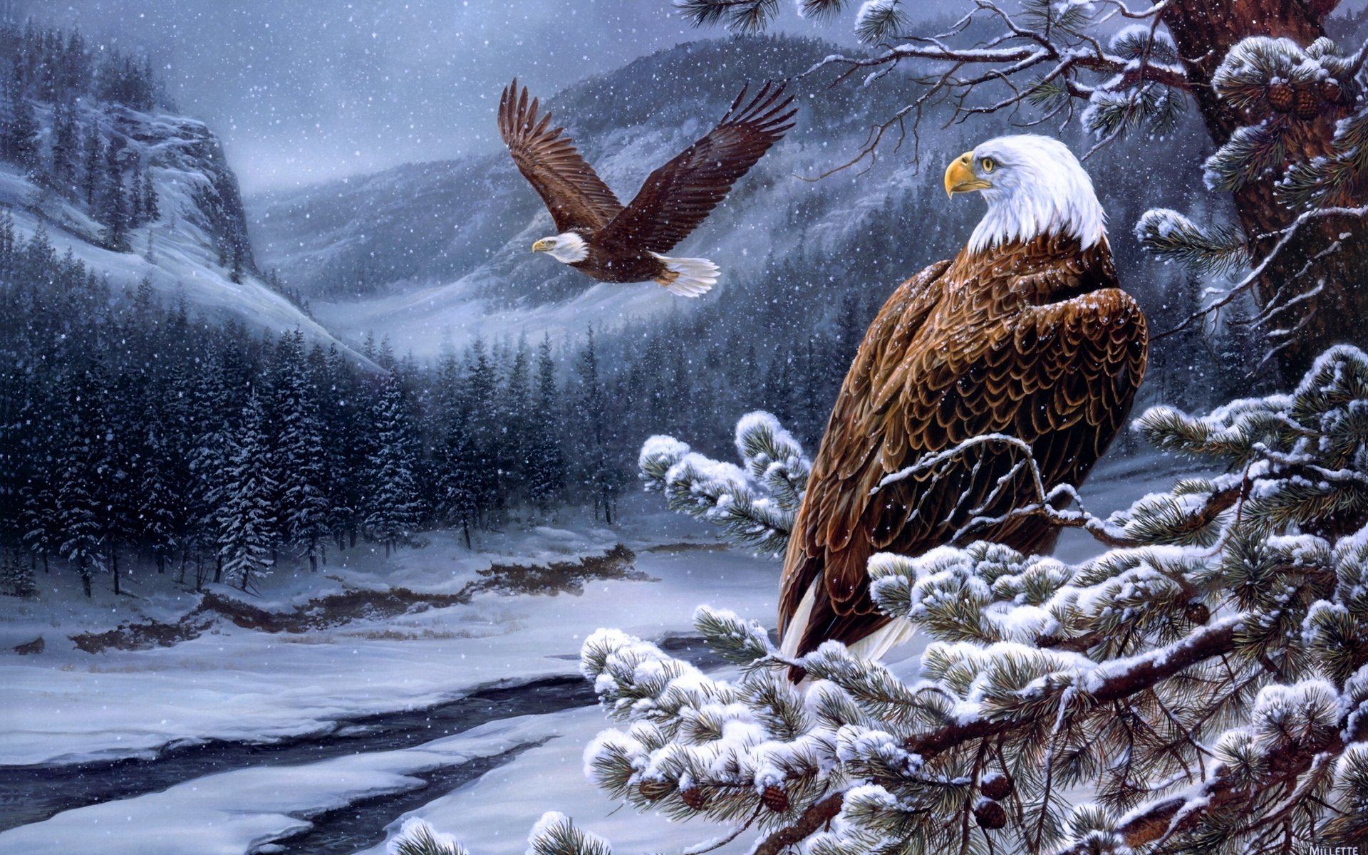 pirit of the wild-bald eagles peinture painting rosemary milette eagles winter river