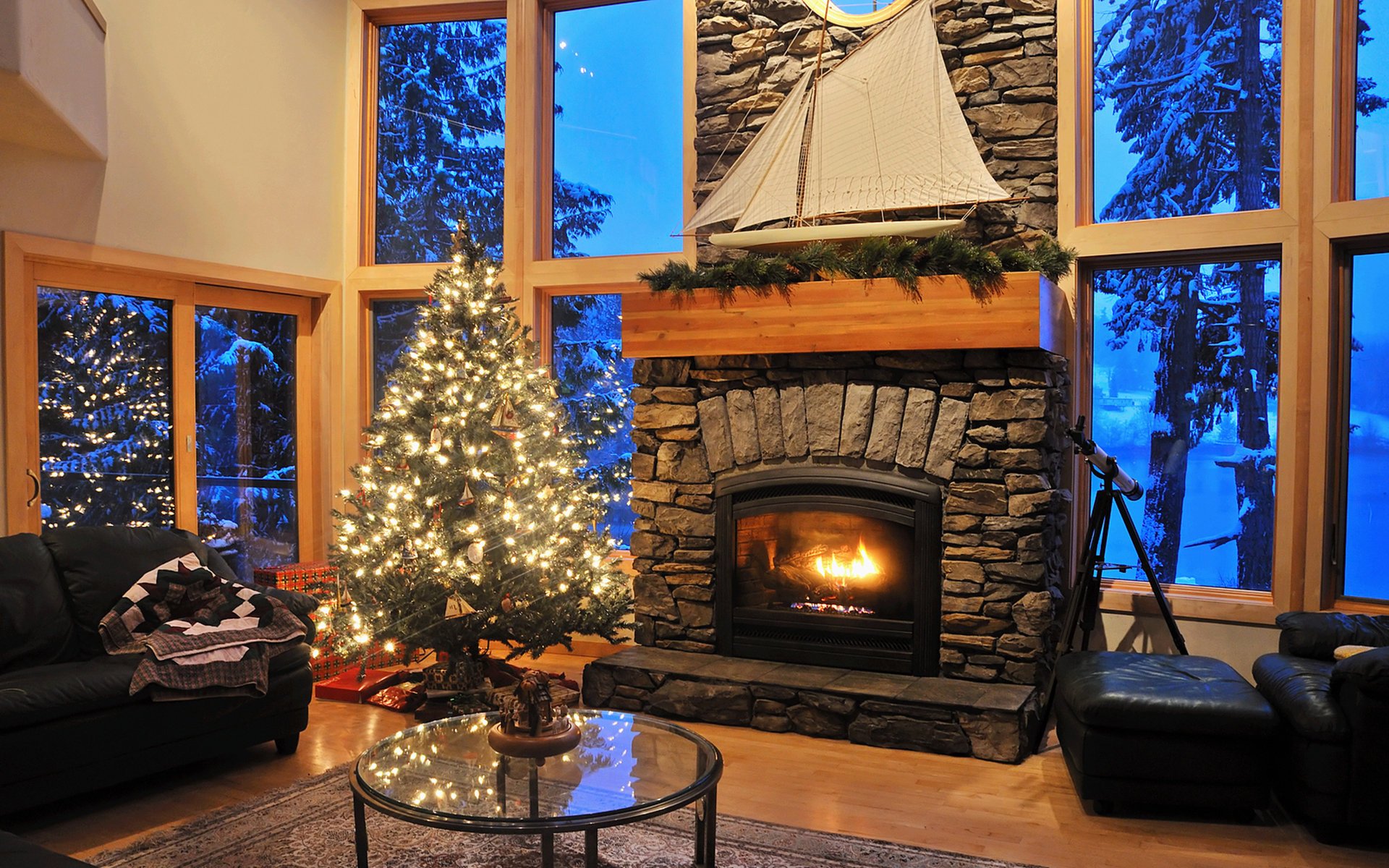 recuerdo sala de estar vela chimenea habitación árbol de navidad ventanas