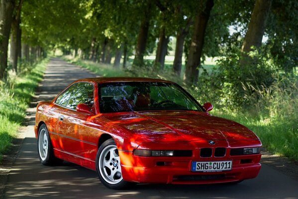 Car wheels red road grass trees