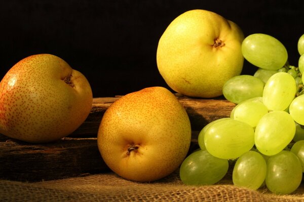 Photo pour nature morte. Trois poires et une grappe de raisin