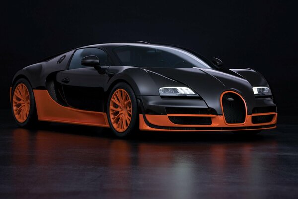 Powerful black and orange Bugatti Veyron sports car