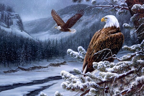 Winter forest and river. an eagle on a branch