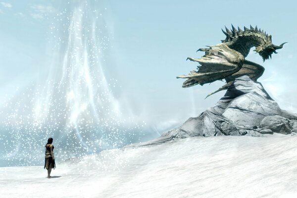 Skyrim, a dragon on a rock in a snowy desert