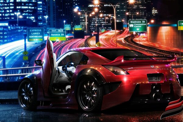 Cosmogony for red Nissan and bright colors of the night city