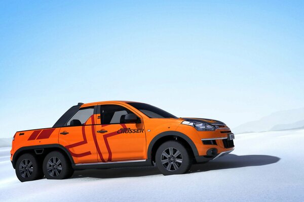 Orange SUV on the background of winter mountains