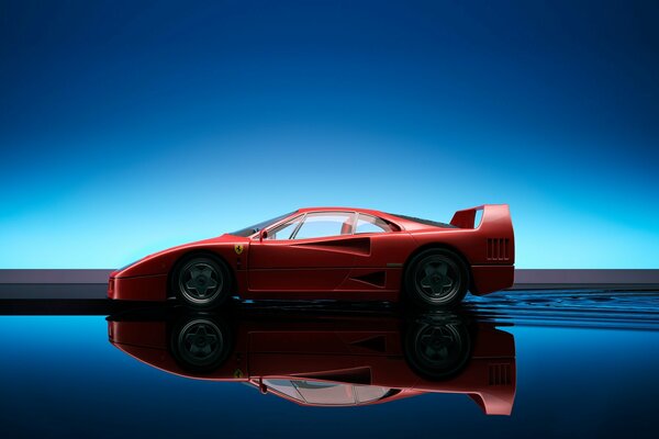 Red Ferrari F40 with reflection in blue water