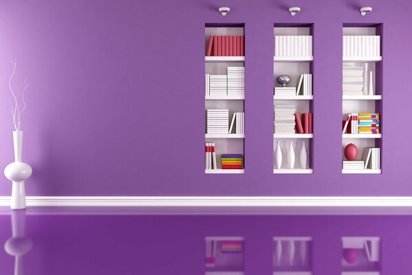 Mur violet minimaliste avec étagères