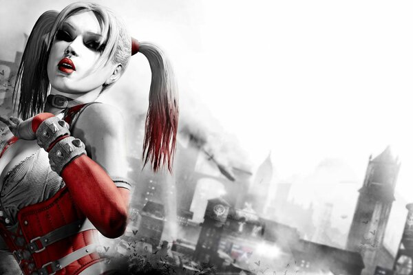 Harley Quinn on the background of arkham city